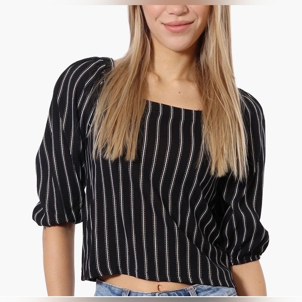 Beechers Brook Black Striped Square Neck Cropped Puff Sleeve Top Size M